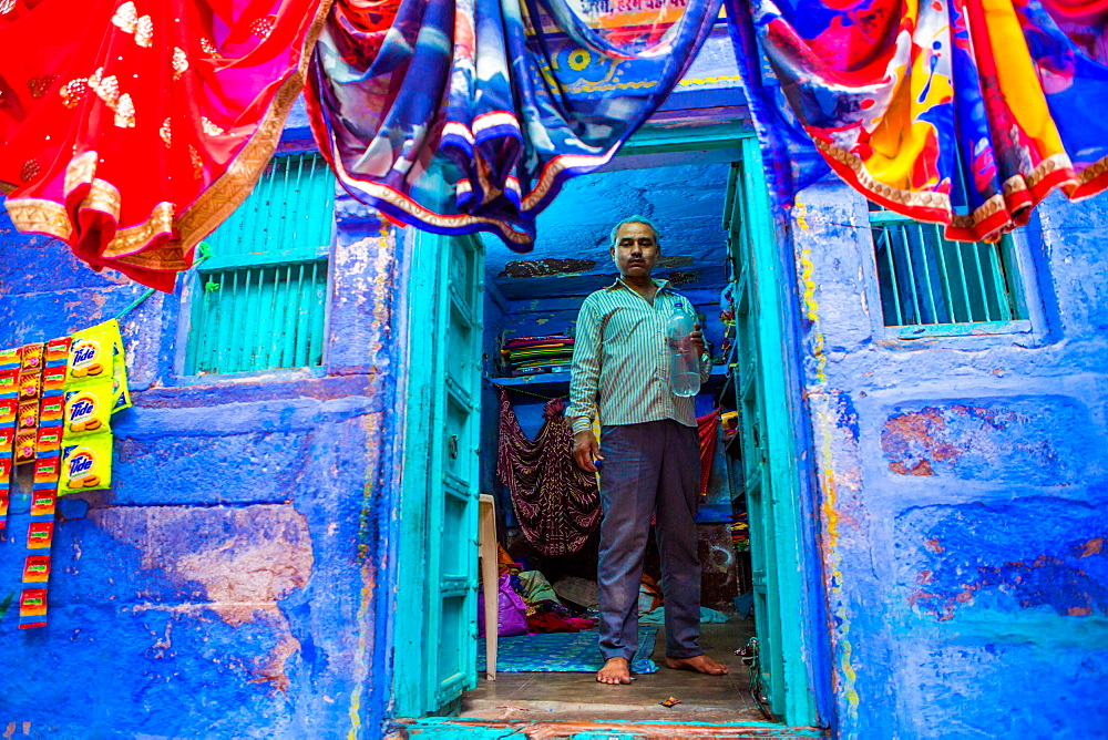 Street vendor selling saris in Jodhpur, the Blue City, Rajasthan, India, Asia