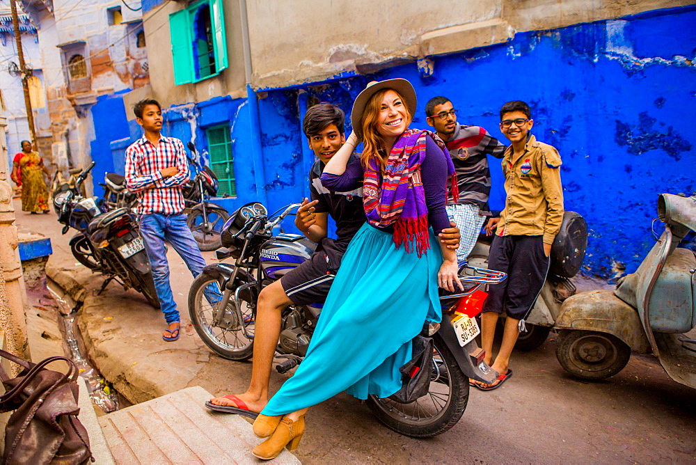 Woman standing in the blue streets of Jodhpur, the Blue City, Rajasthan, India, Asia