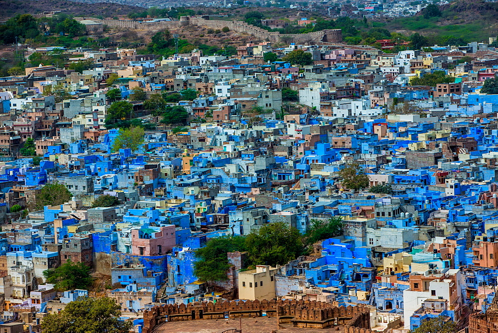 The view from Mehrangarh Fort of the blue rooftops in Jodhpur, the Blue City, Rajasthan, India, Asia