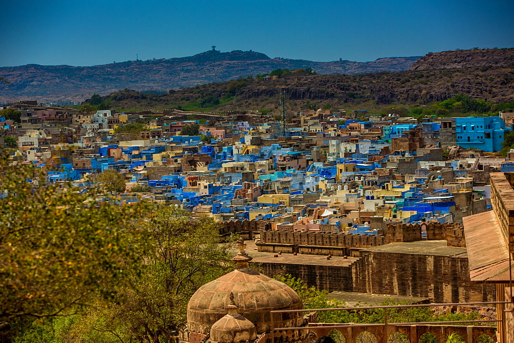 The view from Mehrangarh Fort of the blue rooftops in Jodhpur, the Blue City, Rajasthan, India, Asia