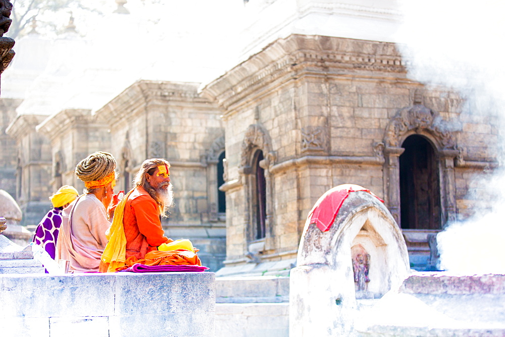 Hindu holy men at Pashupati Temple, UNESCO World Heritage Site, Kathmandu, Nepal, Asia