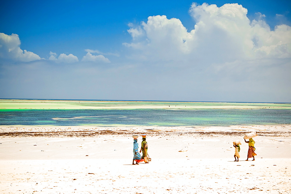 African women walking on the beach, Zanzibar Island, Tanzania, East Africa, Africa