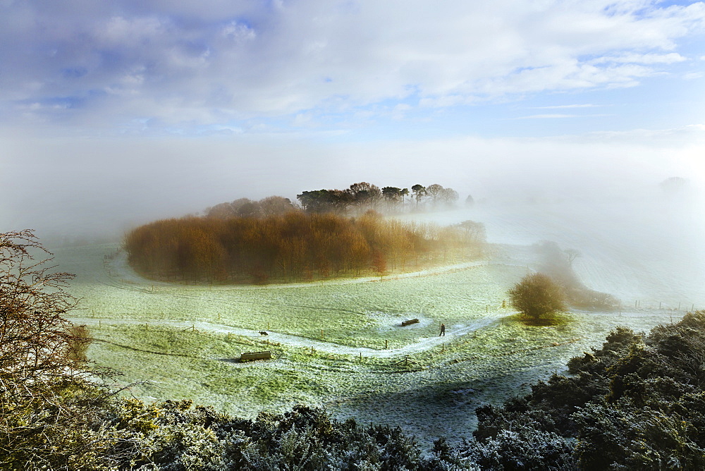 A lady walking her dog along a footpath below Eddisbury Hill on a frosty winters morning with fog and mist clearing beyond, Cheshire, England, United Kingdom, Europe