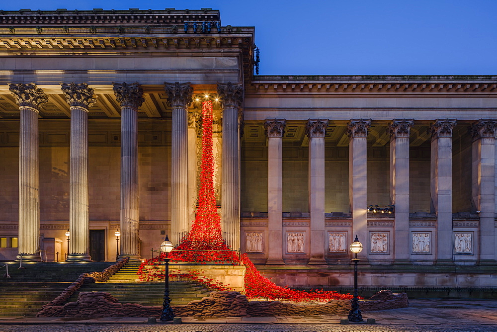 The Poppies Weeping Window sculpture cascading down the St. George's Hall building in Liverpool, Merseyside, England, United Kingdom, Europe