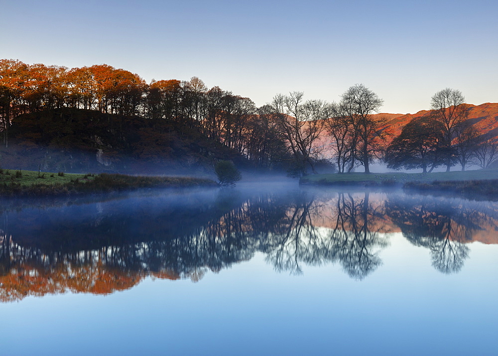 Dawn light reveals the autumn colour of trees and distant fells with mist lying above Elterwater revealing a perfect reflection, Lake District National Park, UNESCO World Heritage Site, Cumbria, England, United Kingdom, Europe