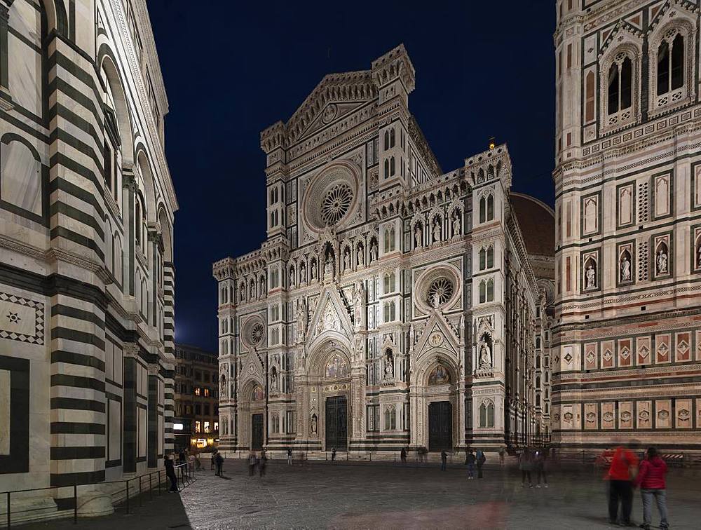 The neo-gothic marble facade of the Duomo (Cathedral) framed by the Campanile and Baptistry on an evening in Florence, UNESCO World Heritage Site, Tuscany, Italy, Europe