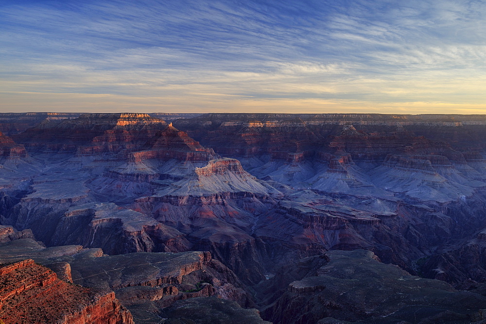 Isis Temple picks up the first light of the day as the sun rises on the Grand Canyon National Park, UNESCO World Heritage Site, Arizona, United States of America, North America