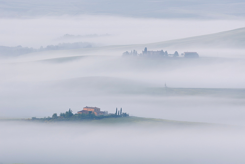 Early morning mist lingering among the villas and farmhouses within the Val d'Orcia, UNESCO World Heritage Site, Tuscany, Italy, Europe