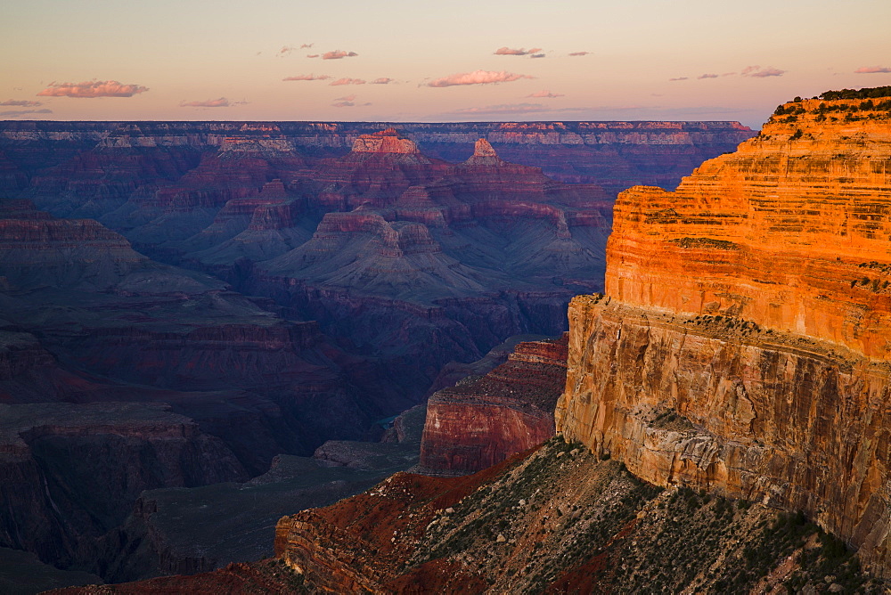 A low sun lights Brahma and Zoroaster temples and the cliff below Hopi Point with the metamorphic Vishnu basement rocks below, Grand Canyon, UNESCO World Heritage Site, Arizona, United States of America, North America