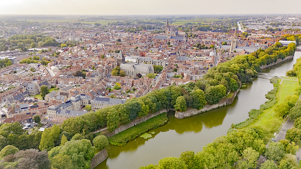 Aerial view of Ypres city surrounded by the Ieperlee river and city ramparts