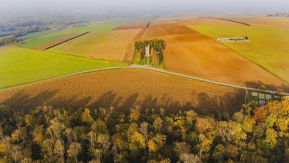 Aerial view of the Ulster Memorial Tower in the World War 1, Somme battlefields in autumn