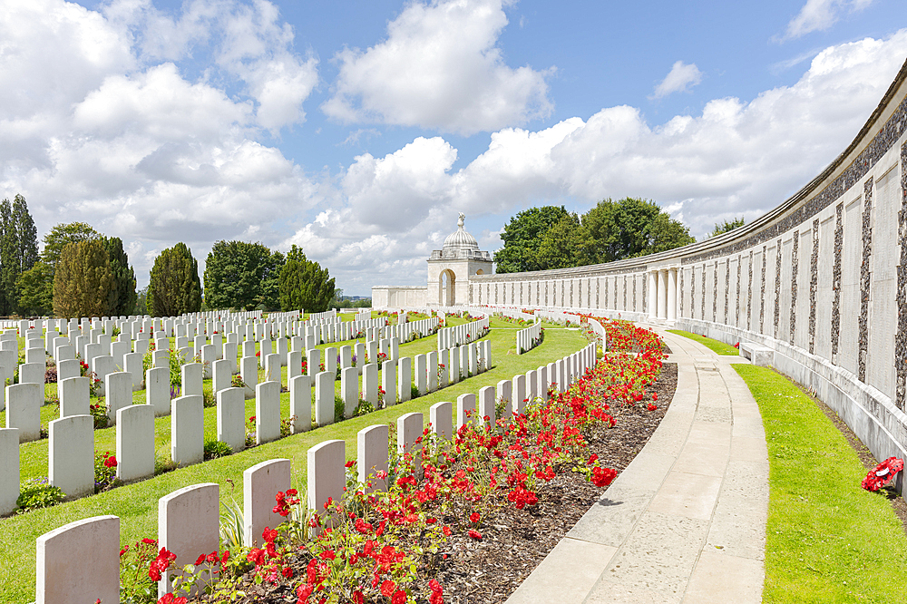 Tyne Cot World War 1 cemetery with graves and memorial wall to the missing