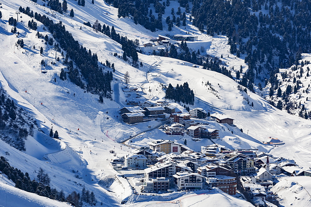 The Austrian skiing village of Obergurgl covered in winter snow at the end of the Otztal valley, Tyrol, Austria, Europe