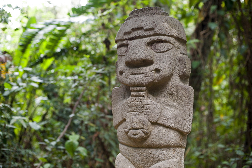 An ancient pre-Columbian stone carving at San Agustin, UNESCO World Heritage Site, in the south of Colombia, South America