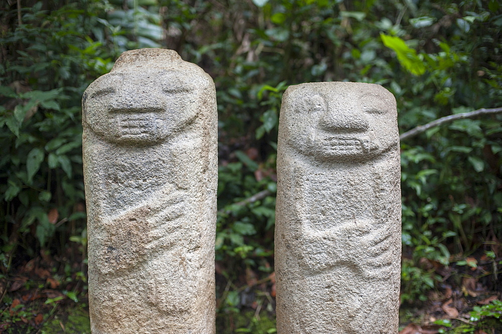 An ancient pre-Columbian stone carving at San Agustin, UNESCO World Heritage Site, in the south of Colombia, South America