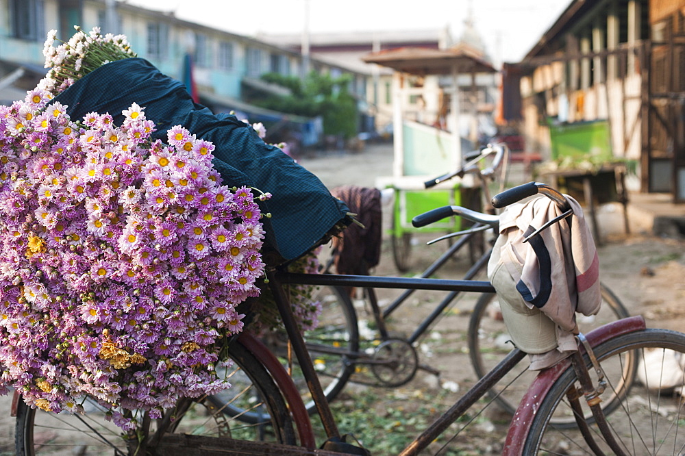 A bike loaded with fresh flowers at the flower market in Mandalay, Myanmar (Burma), Asia