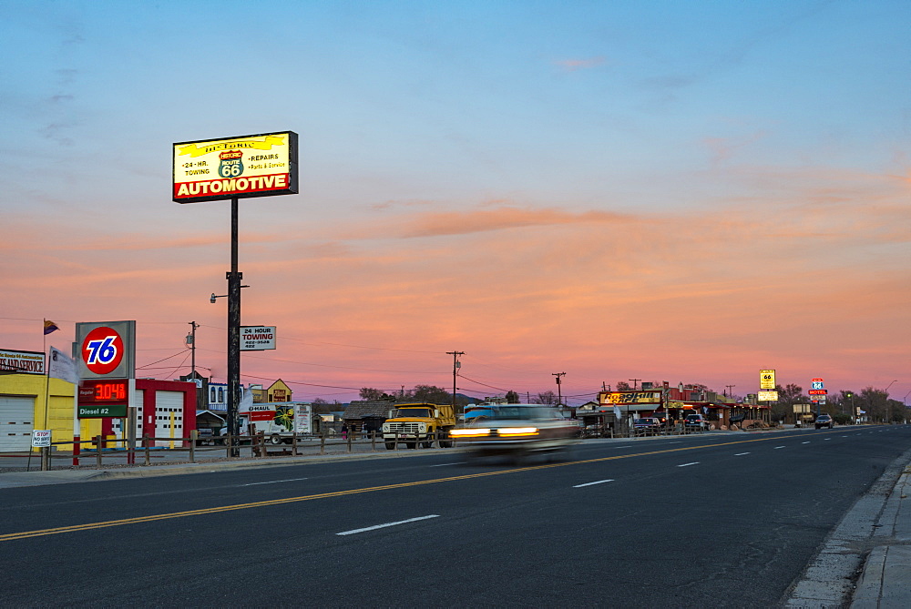 Historic Route 66 town glowing at sunset, Seligman, Arizona, United States of America, North America