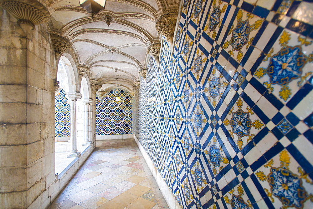 Walls covered in beautuful Azelejo tiles on display at The National Azulejo Museum in Lisbon, Portugal, Europe