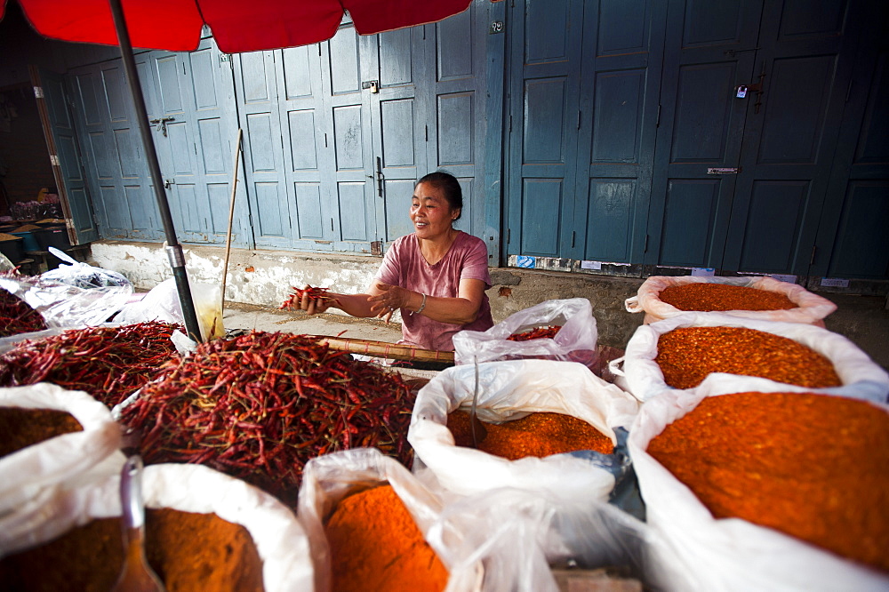 A woman selling spices on a market stall in Shan State, Myanmar (Burma), Asia