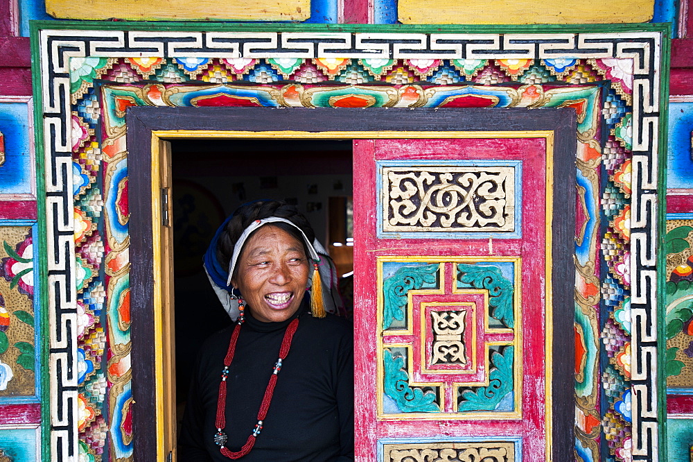 A decorative Tibetan house in a remote Tibetan village called Jiaju Zangzhai, Sichuan Province, China, Asia