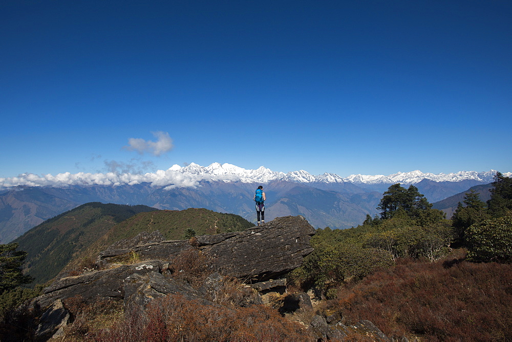 Taking in the view of the Himalayan Range on the trail between Sian Gompa and Gosainkund in the Langtang region, Himalayas, Nepal, Asia