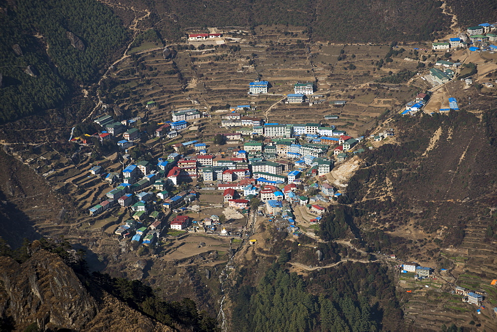 A view from Kongde looking down on Namche, the biggest village in Khumbu, the Everest region, Nepal, Asia