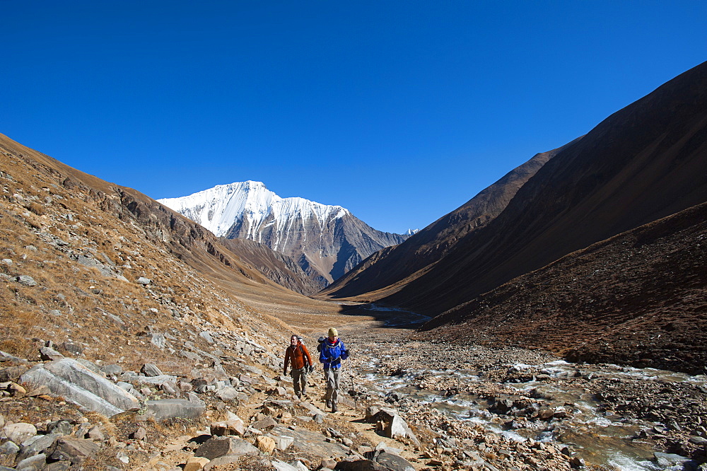 Trekking towards the Kagmara La pass, in the Kagmara valley in the remote Dolpa region, Himalayas, Nepal, Asia