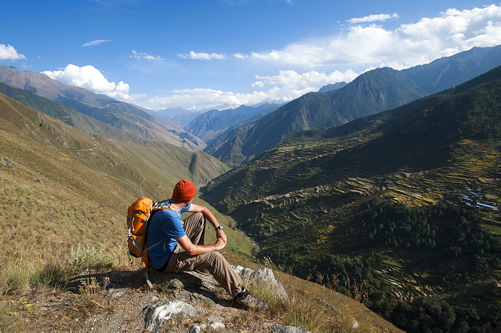 Looking east down the Juphal valley from the Balanga Langa pass in the remote Dolpa region, Himalayas, Nepal, Asia