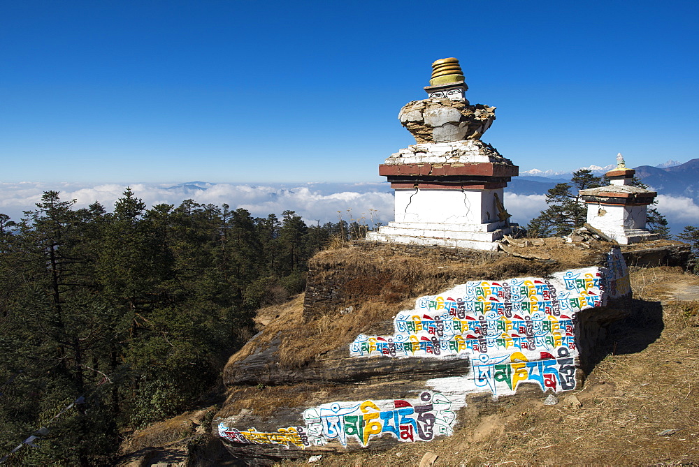 Colourful Mani wall on a chorten in the Solukhumbu region of Nepal, Asia