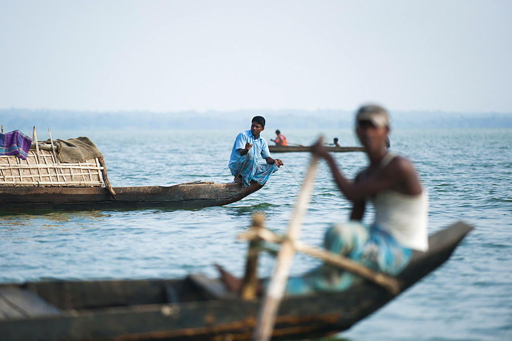 Fishing boats on Kaptai Lake in the Chittagong Hill Tracts, Bangladesh, Asia