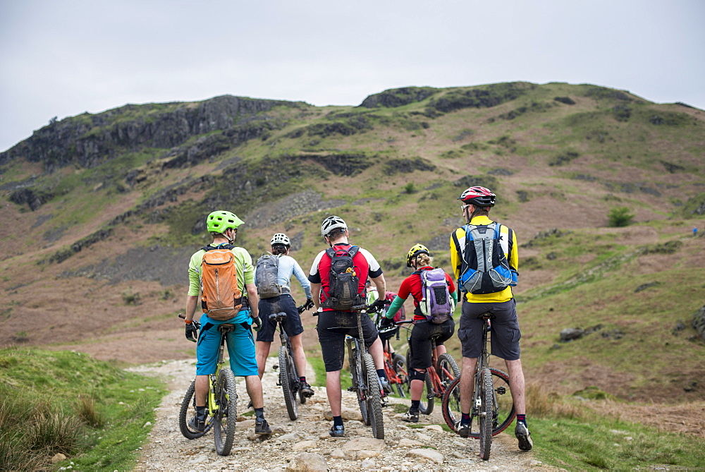 Mountain bikers stop to consider their route around Loughrigg Fell in the Lake District National Park, Cumbria, England, United Kingdom, Europe