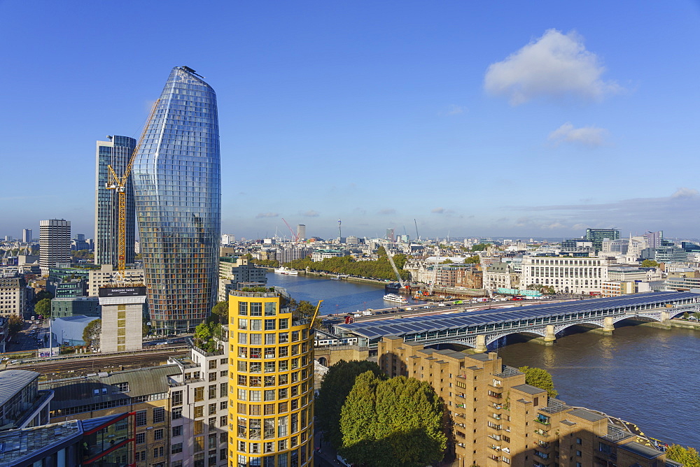 Blackfriars Bridge, River Thames and city skyline including tall glass tower, One Blackfriars (The Vase), London, England, United Kingdom, Europe