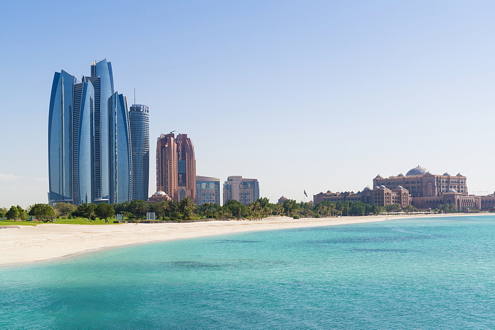 Etihad Towers, Emirates Palace Hotel and beach, Abu Dhabi, United Arab Emirates, Middle East