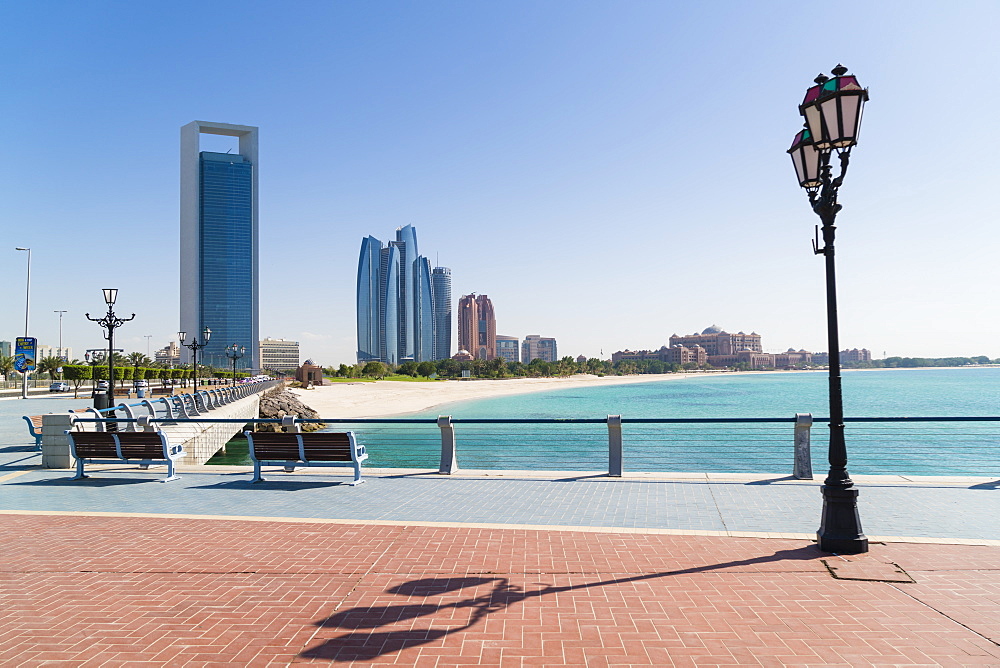 View from the Breakwater towards Abu Dhabi Oil Company HQ and Etihad Towers, Abu Dhabi, United Arab Emirates, Middle East