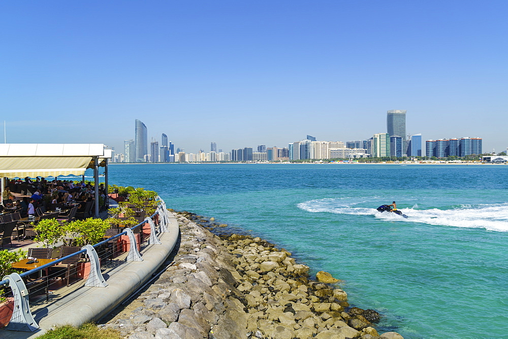 View from the Breakwater to the city skyline across the Gulf, Abu Dhabi, United Arab Emirates, Middle East