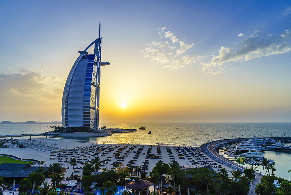 Burj Al Arab, Jumeirah Beach at sunset, Dubai, United Arab Emirates, Middle East