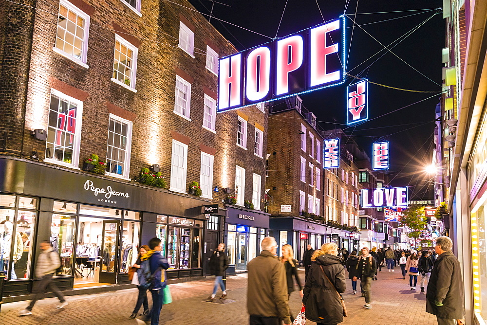 Alternative festive Christmas lights in Carnaby Street, Soho, London, England, United Kingdom, Europe