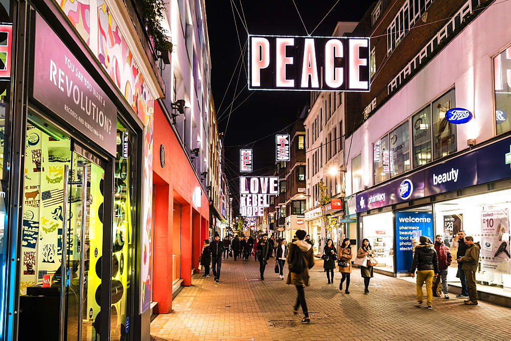 Alternative festive Christmas lights in Carnaby Street, Soho, London, England, United Kingdom, Europe