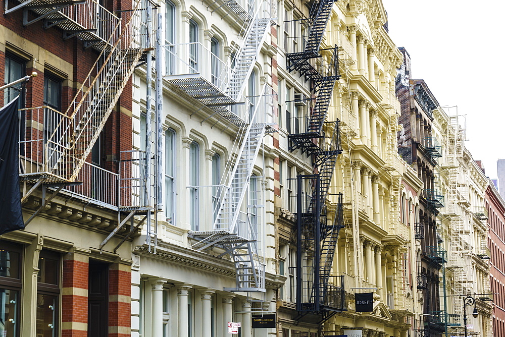 Old buildings and fire escapes in the Cast Iron District of SoHo, Manhattan, New York City, United States of America, North America