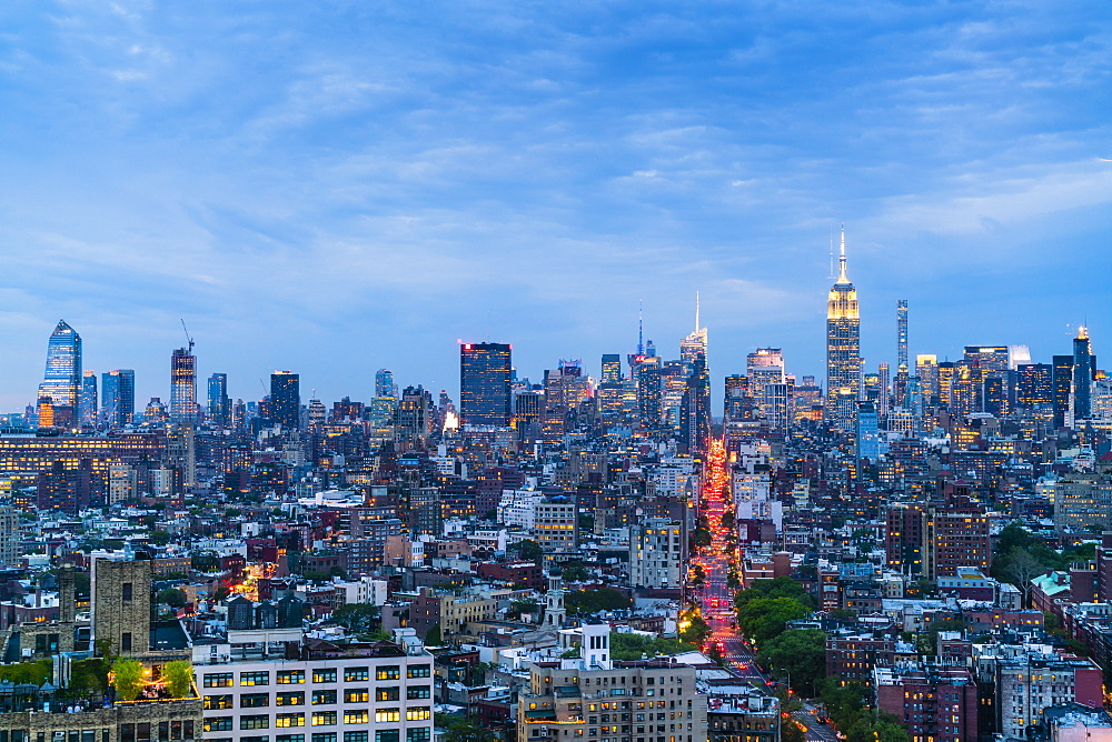 Manhattan skyline at dusk, New York City, United States of America, North America