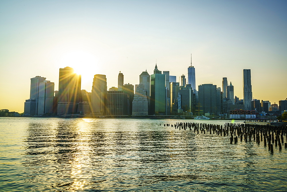 Manhattan skyline at sunset, New York City, United States of America, North America