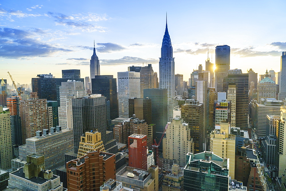 Manhattan skyline, Empire State Building and Chrysler Building at sunset, New York City, United States of America, North America