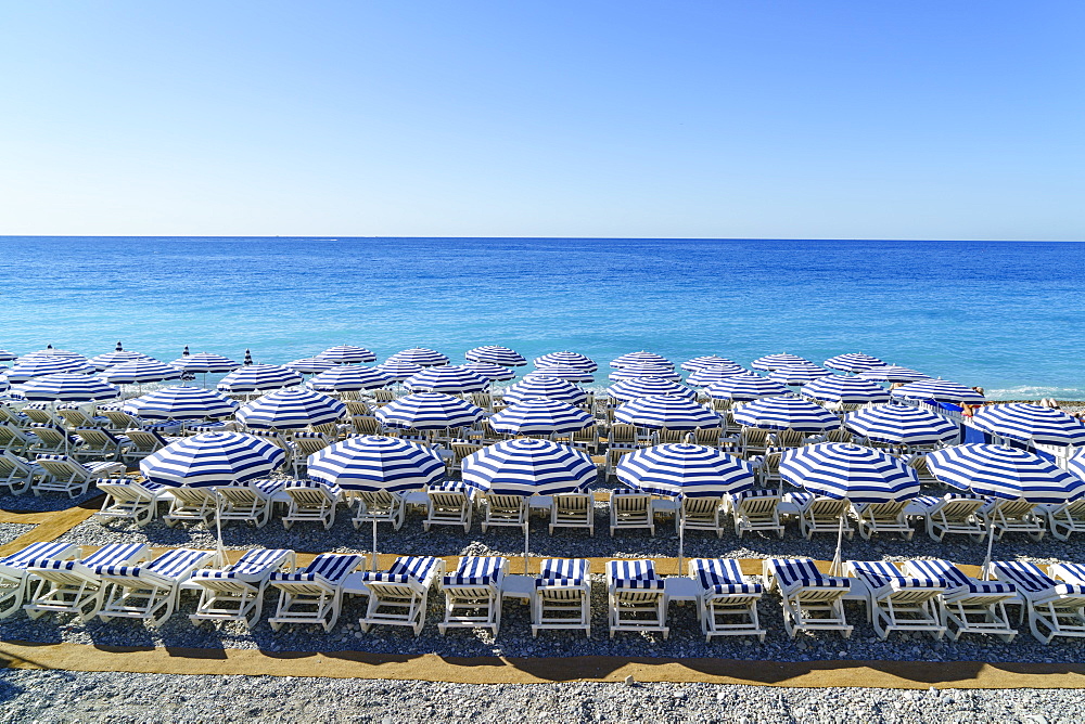 Blue and white beach parasols, Nice, Alpes-Maritimes, Cote d'Azur, Provence, French Riviera, France, Mediterranean, Europe