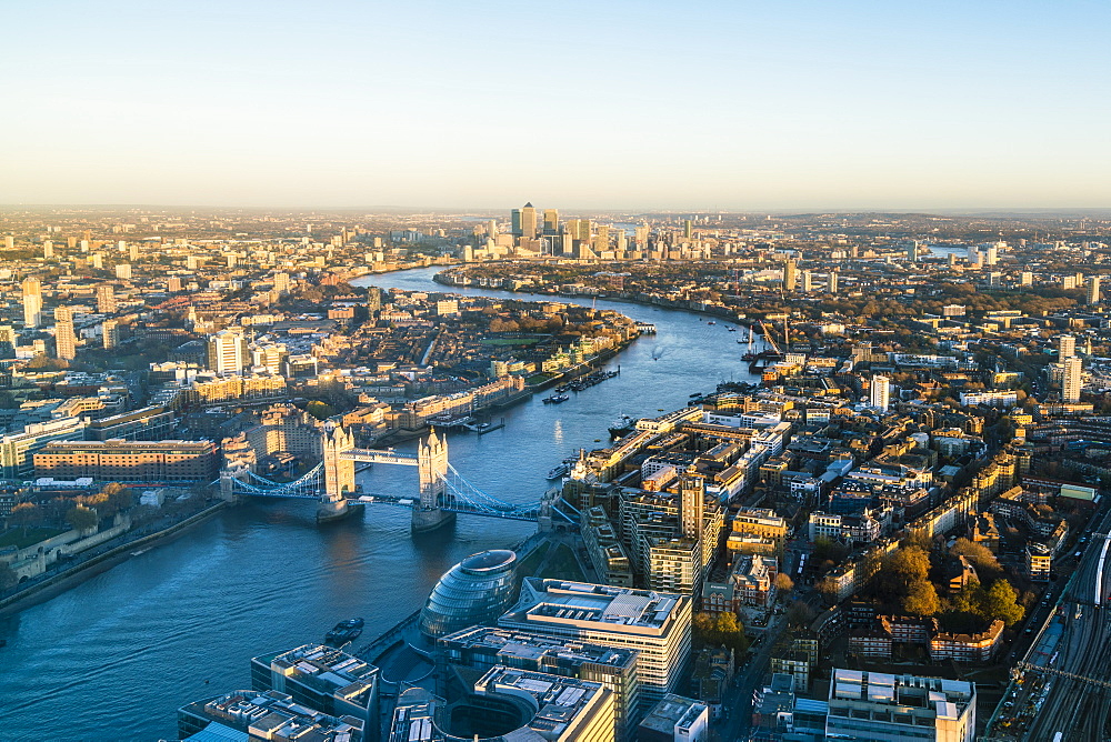 High view of London skyline along the River Thames from Tower Bridge to Canary Wharf, London, England, United Kingdom, Europe