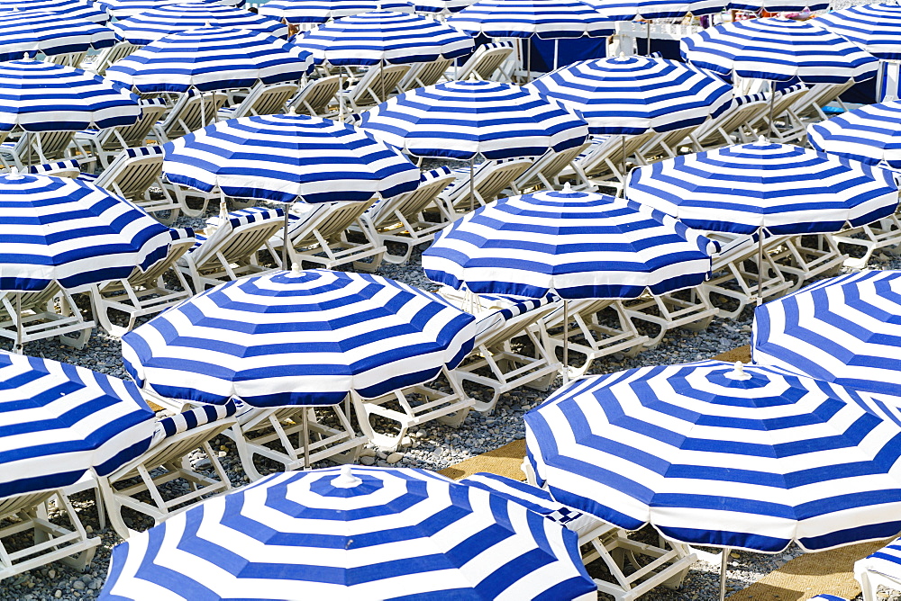 Blue and white beach parasols, Nice, Alpes Maritimes, Cote d'Azur, Provence, France, Mediterranean, Europe