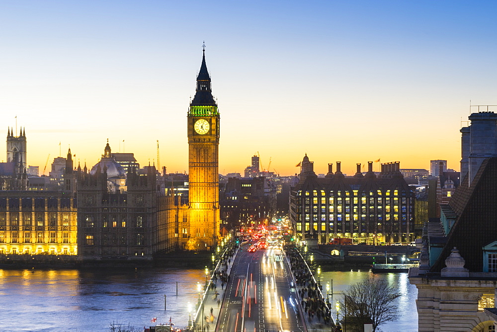 High angle view of Big Ben, the Palace of Westminster and Westminster Bridge at dusk, London, England, United Kingdom, Europe