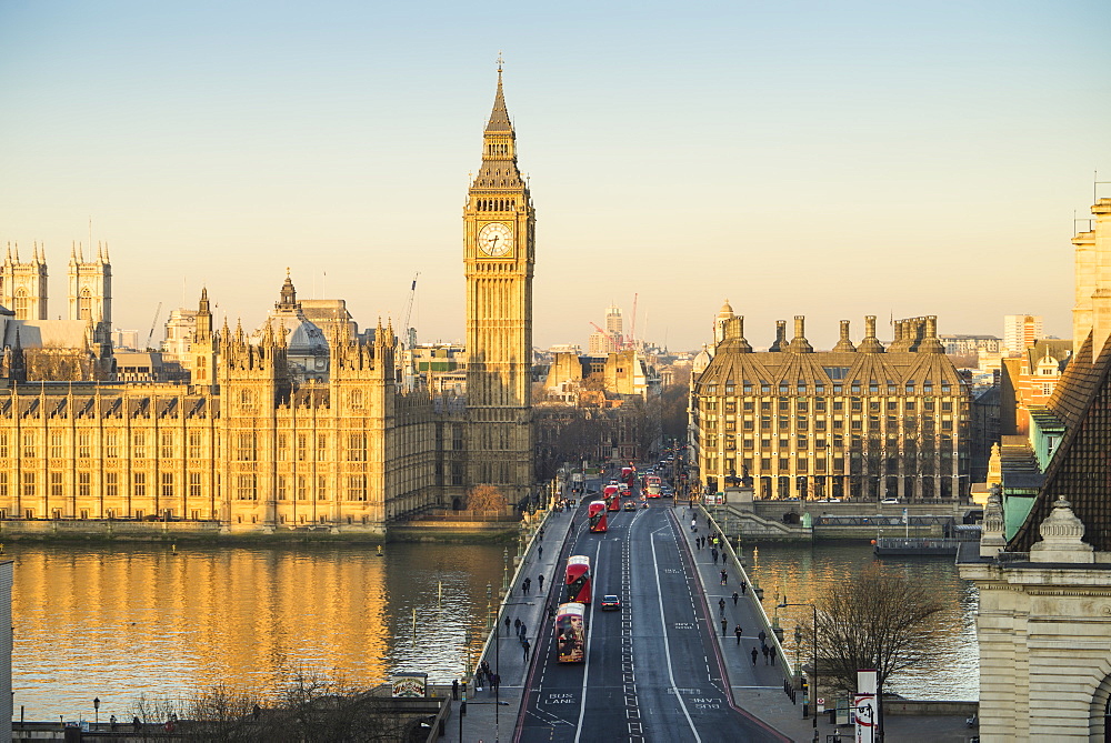 High angle view of Big Ben, the Palace of Westminster, UNESCO World Heritage Site, and Westminster Bridge, London, England, United Kingdom, Europe