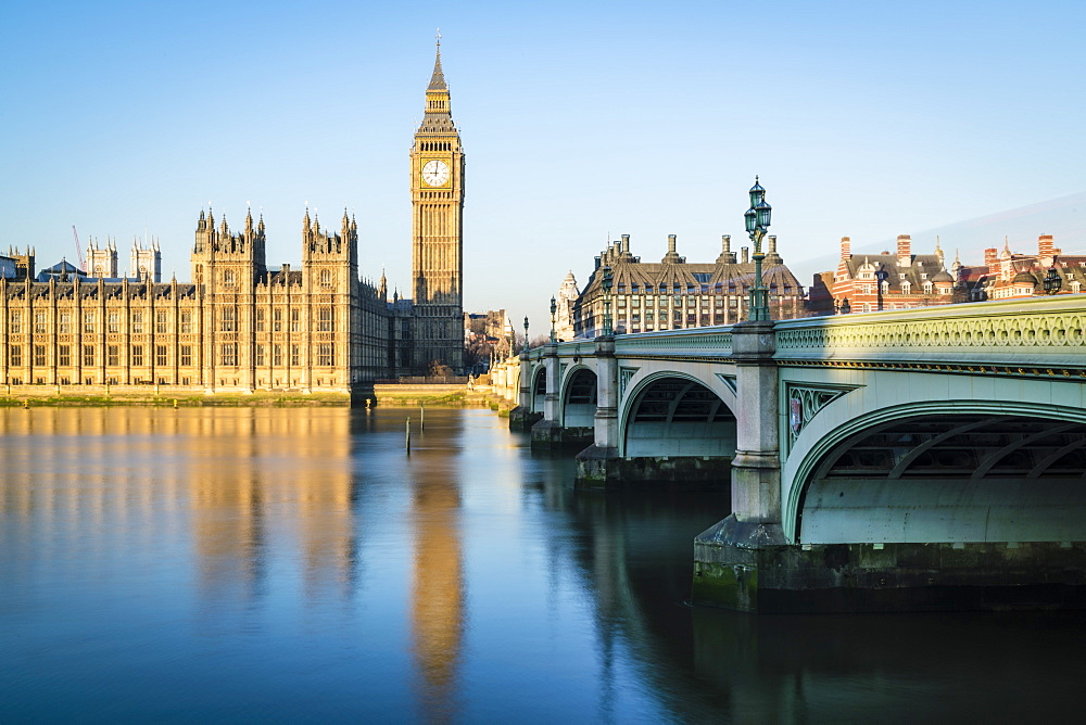 Big Ben, the Palace of Westminster, UNESCO World Heritage Site, and Westminster Bridge, London, England, United Kingdom, Europe