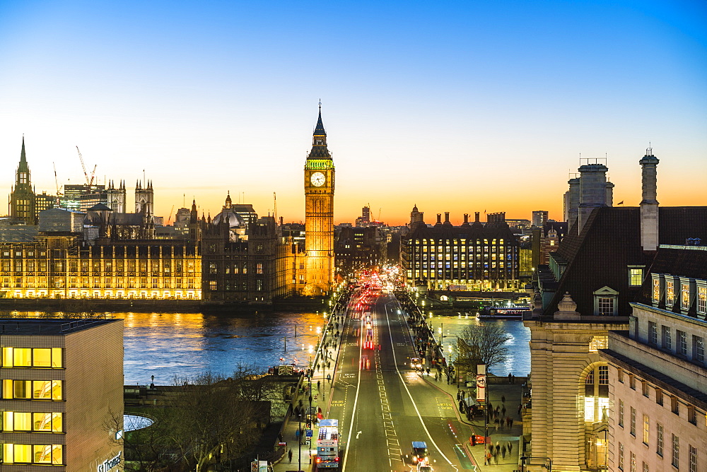 High angle view of Big Ben, the Palace of Westminster and Westminster Bridge at dusk, London, England, United Kingdom, Europe