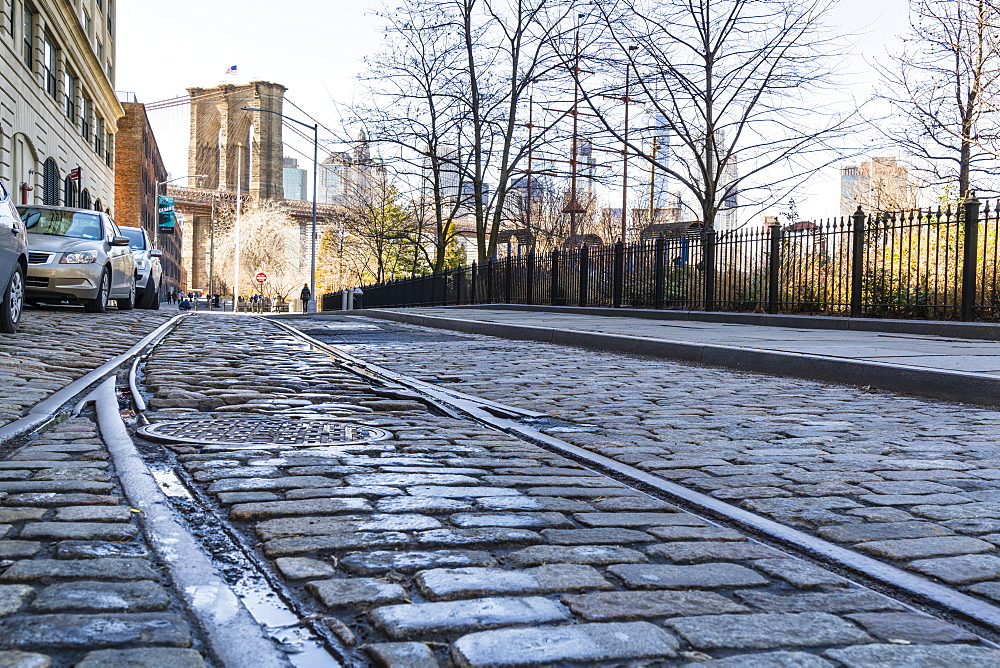 Old rail tracks and cobbled street in Dumbo Historic District, Brooklyn, New York City, United States of America, North America